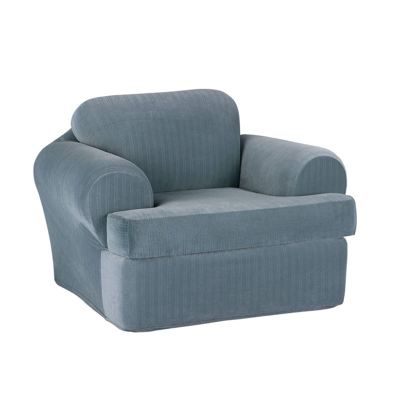 SureFit Stretch Pinstripe 2 Piece T Cushion Chair Slipcover in French Blue - Image 1